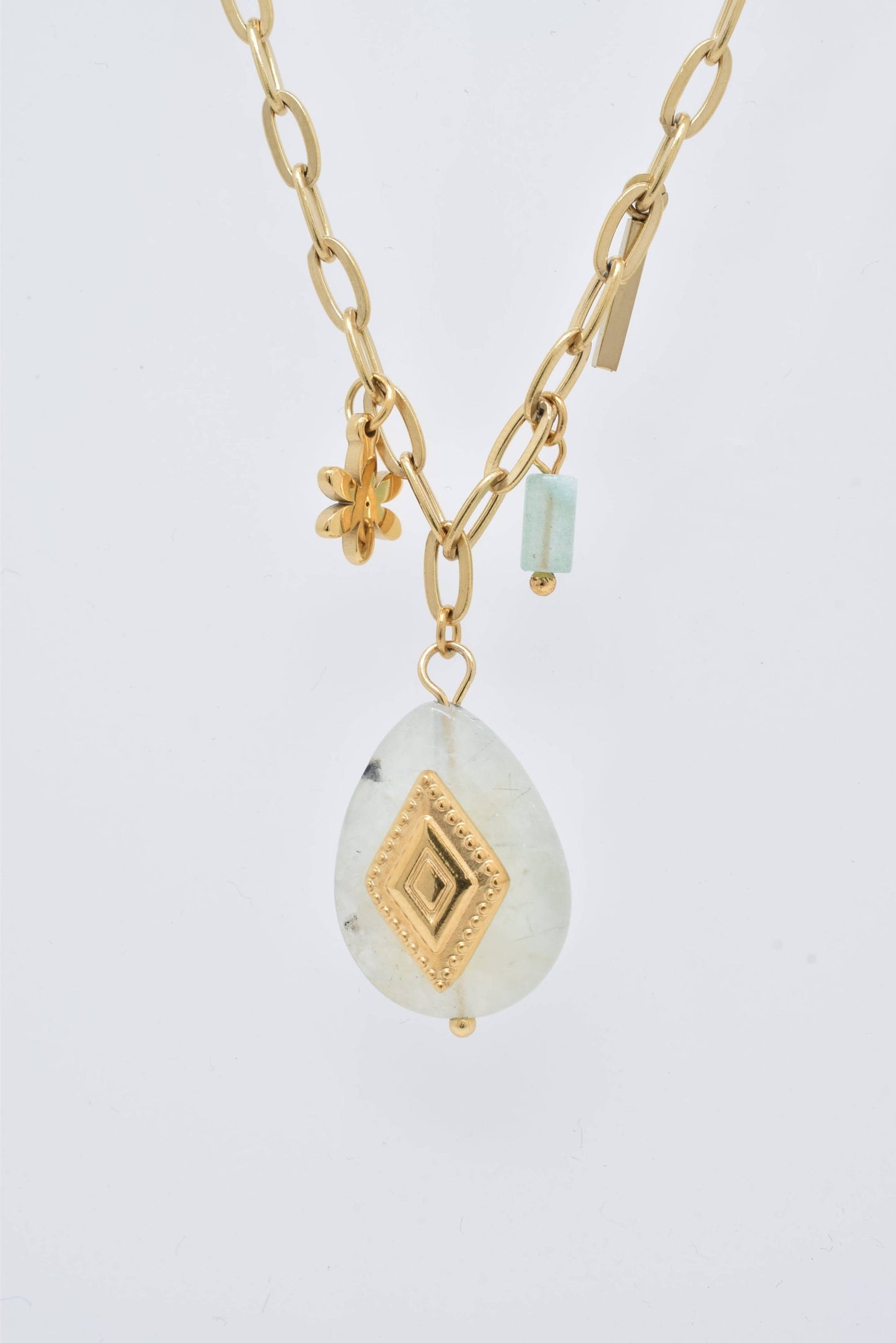 Gold with Natural Amazonite and Charms Necklace: France