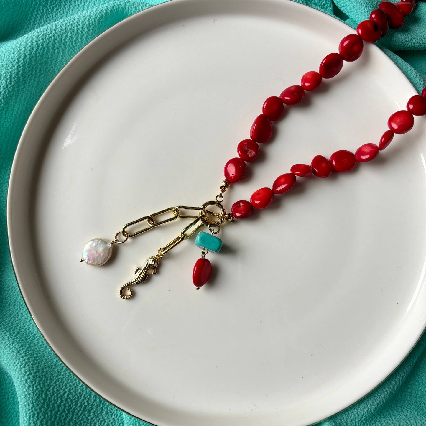 Coral Bamboo and Magnesite Necklace: Italy