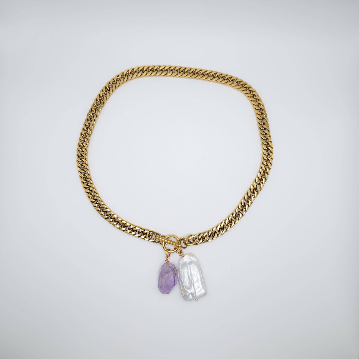 Gold Plated Link & Chain Necklace with Pearl & Amethyst: Italy