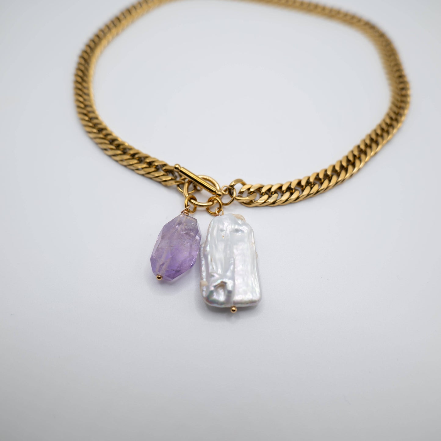 Gold Plated Link & Chain Necklace with Pearl & Amethyst: Italy