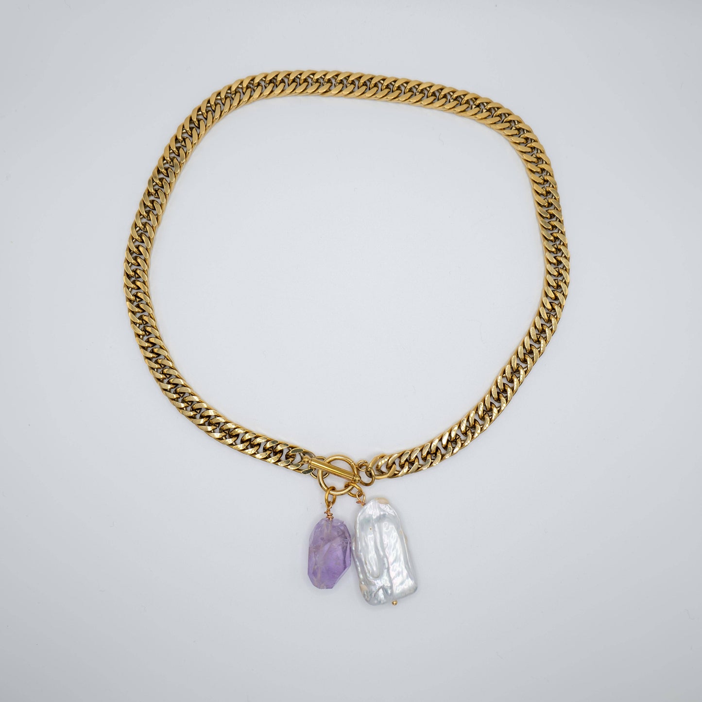 Gold Plated Link & Chain Necklace with Pearl & Amethyst: Italy