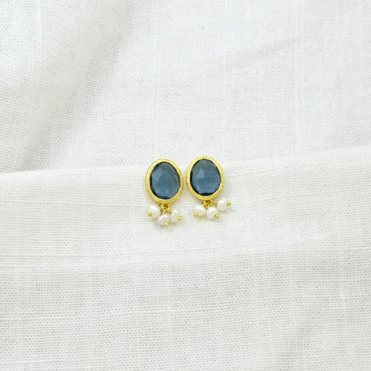 Blue Lolite and Pearl Drop Gold Earrings: Germany