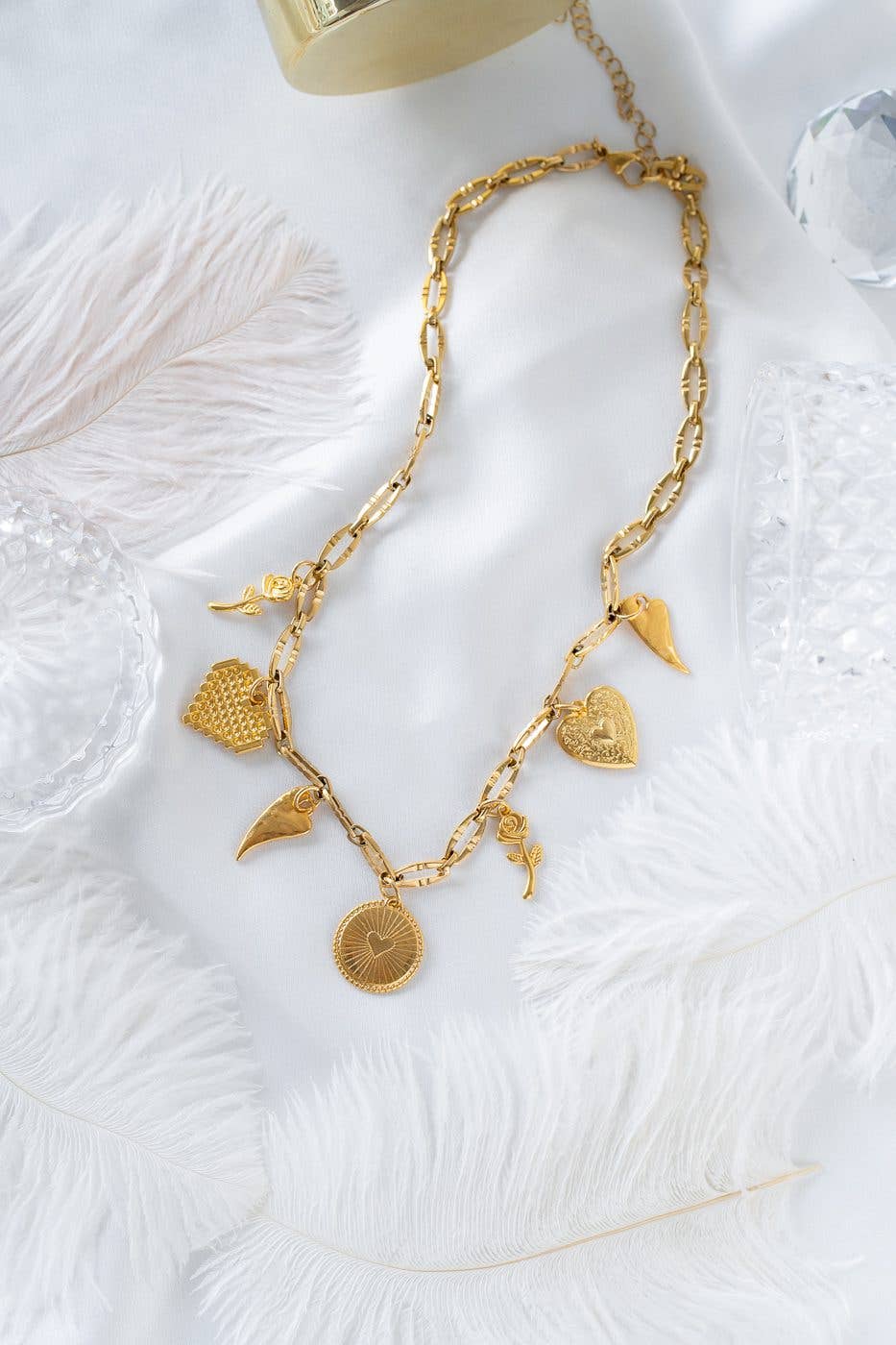 Gold Hearts and Roses Charm Necklace: Greece