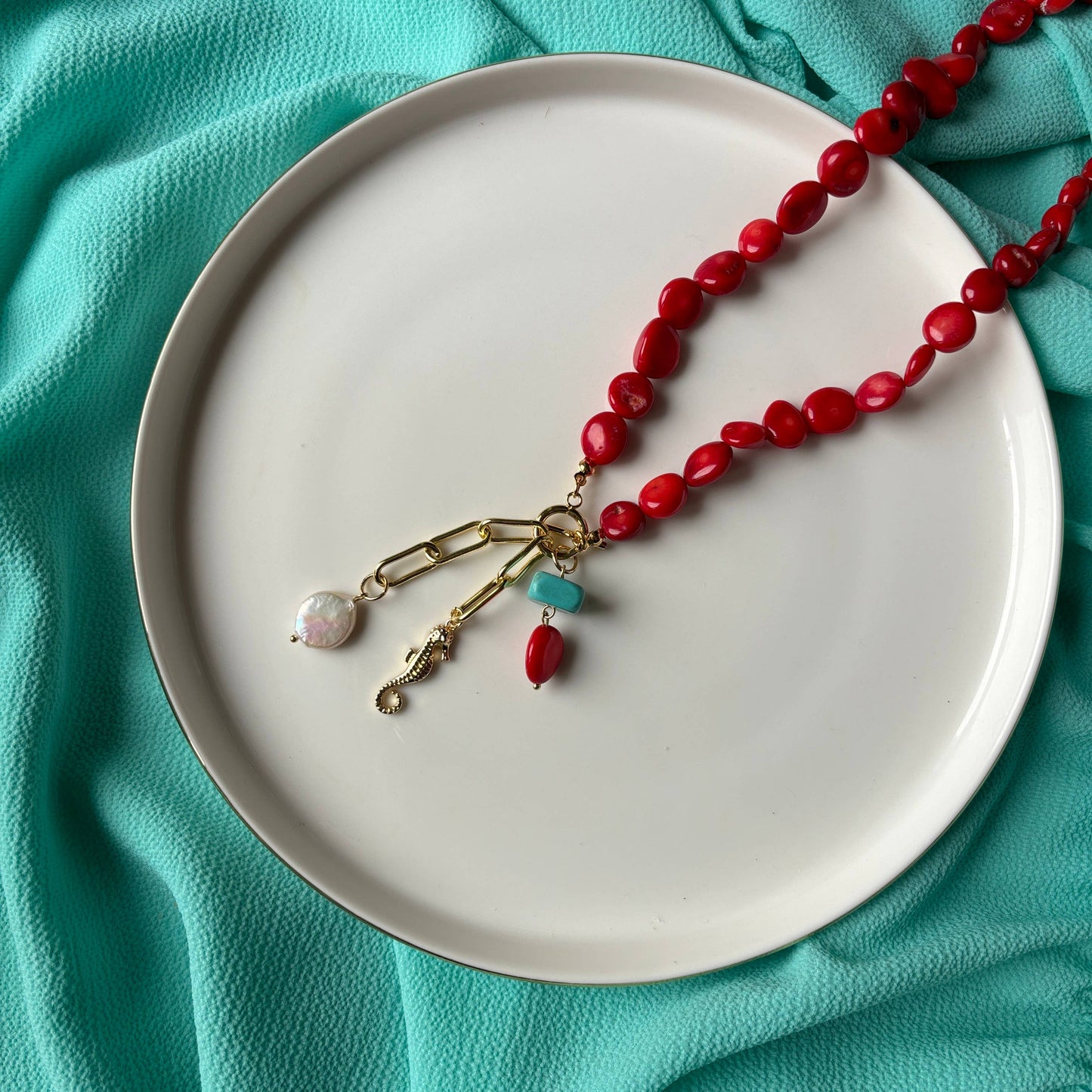 Coral Bamboo and Magnesite Necklace: Italy