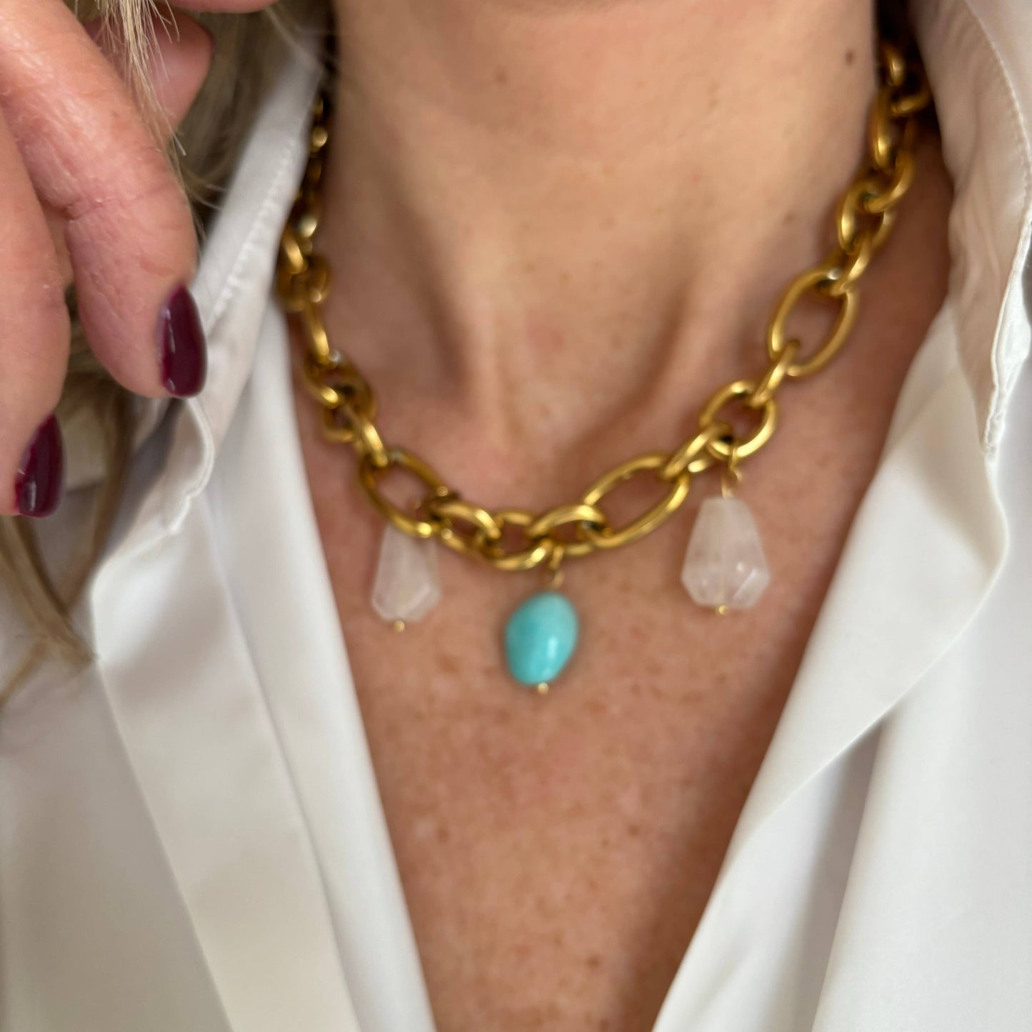 Large Amazonite and Quartz Chain Necklace: Italy