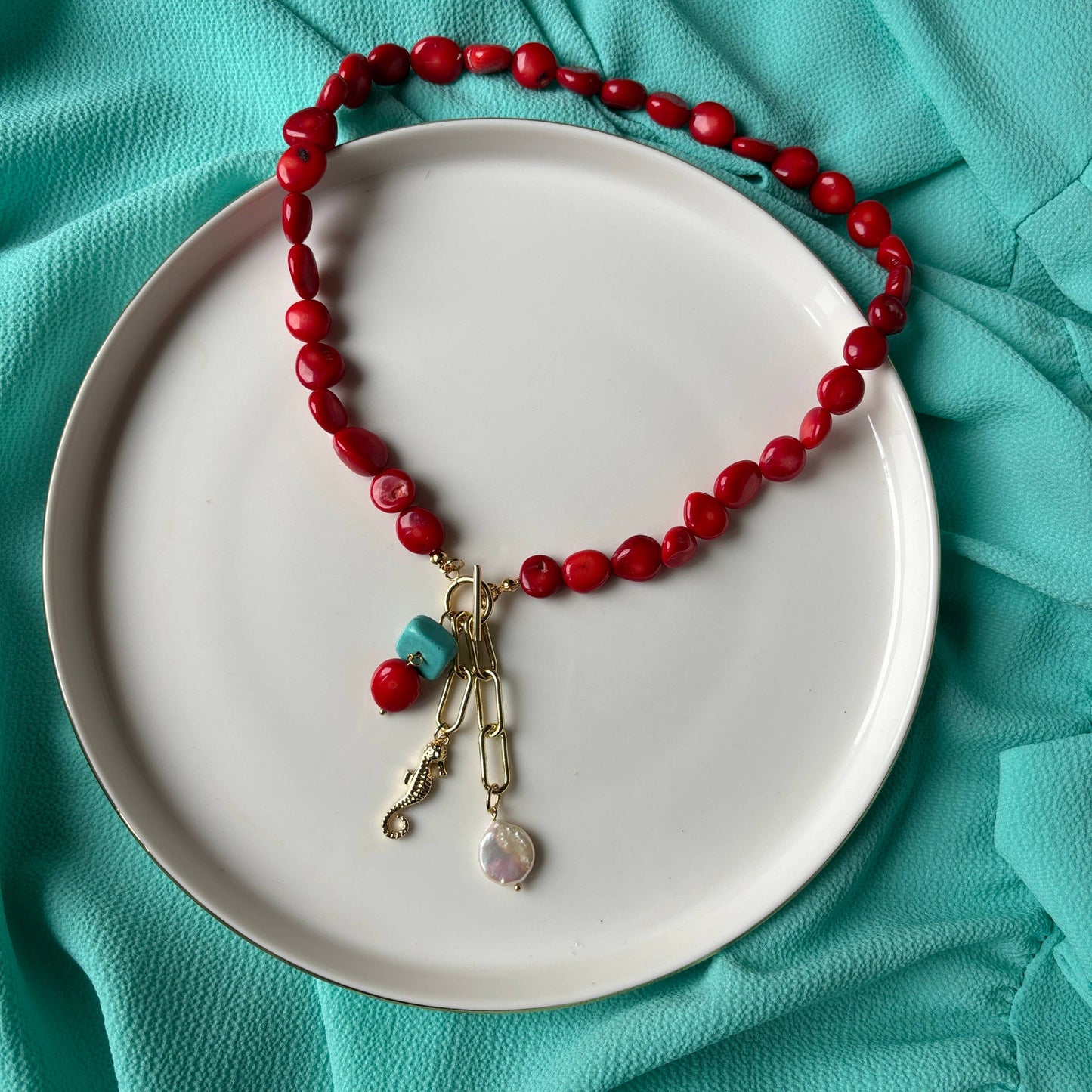 Coral Bamboo and Magnesite Necklace: Italy