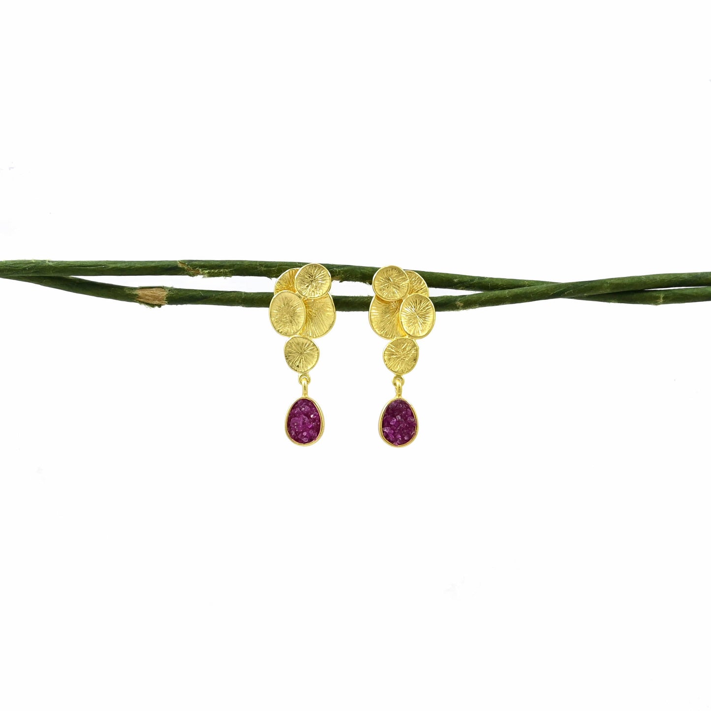 Gold Textured with Red Ruby Jade Earrings: Germany